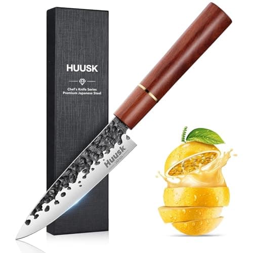 Huusk Japanese Paring Knife 5", Hand Forged Fruit Knife, High Carbon Steel Utility Kitchen Knives, Japanese Petty Chef Knives with Rosewood Handle, Small Peeling Knifes for Vegetable, Christmas Gifts - Image 1