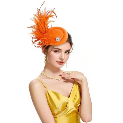 RiJinDuoJin Fascinators Hat Feathers Headband and Clip 20s 50s Pillbox Hats Cocktail Tea Party Headwear - Handmade Derby Hair Clip Feathers Fascinators for Girls and Women - Orange