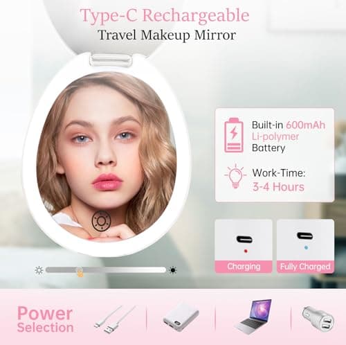 Funtoouch Travel Makeup Mirror with Light - LED Compact, Magnifying, 2-Sided, 3 Color Lights, Cosmetic Mirror, Small Enough for Purse - Thumbnail 2