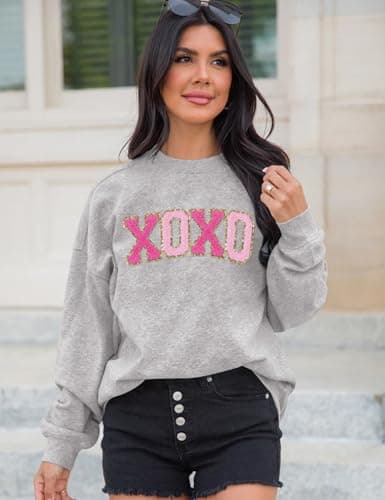LETSEE Valentine Sweatshirts for Women Glitter Patch Lover Letter Shirts Chenille Patch Oversized Pullover Spring Tops(Grey, Large) - Thumbnail 2