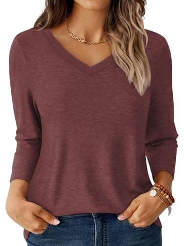 GKBK Womens Tops 3/4 Sleeve Shirts V Neck Casual Blouses Basic Loose Fit Pullover Tshirts Wine Red S - Image 1