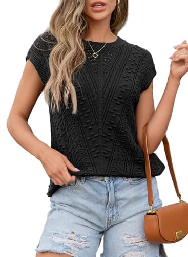 Dokotoo Womens Summer Tops Black Sleeveless Sweater Vest Knit Pullover Tank Top Crew Neck Casual Loose Fit Cropped Vests Shirts Spring Outfits Clothing Loose Fit 2025 Trendy Size Medium - Image 1