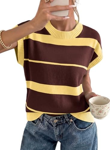 EVALESS Womens Sweater Vest Fall Clothes 2026 Fashion Knit Short Sleeve Shirts Striped Cap Sleeve Round Neck Pullover Sweaters Tops Vacation Outfits Yellow Small - Image 1