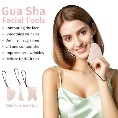 Lusomch Jade Gua Sha Massager Skin Care Set, 3 in 1 Pack, Pink Guasha Tool for Face and Body, Natural Jade Stone Beauty Products - Thumbnail 2