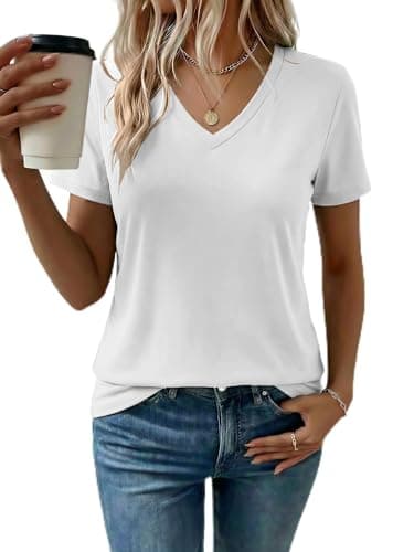 LaGracia Women's Cotton T Shirt V-Neck Short Sleeve Shirt Classic-Fit Casual Breathable Tee Summer Basic Tops White S - Image 1