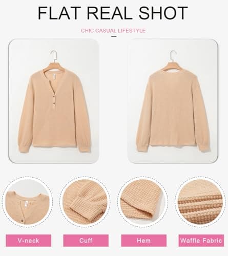 Dokotoo Women's Waffle Knit Tops Long Sleeve Button Down Shirts Boyfriend Sexy V Neck Loose Fit Tee Top Lightweight Solid Basic Beige Blouses for Business Outfits Medium - Thumbnail 4
