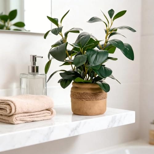 Arbolanta Artificial Fake Plant Potted 12.8'' Small Faux Greenery Ficus Style in Jute-Wrapped Yellow Planter for Tabletop Home Office Decor - Thumbnail 4