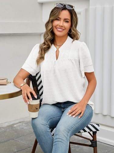 Bellcoco Tops for Women Summer Trendy Ruffle Sleeve Boho V Neck Blouses Cute Flowy Short Sleeve Swiss Dot Shirts(White,Medium) - Thumbnail 5