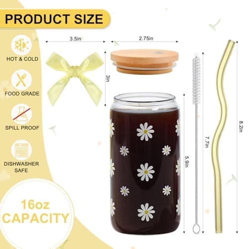 KMCCUMBER Cute Glass Cups with Lids and Straws, Teen Girl Birthday Gifts Daisy Iced Coffee Cup, Yellow Aesthetic Mug Tumbler for Birthday Mothers Day Christmas Valentines Coffee Lover 16oz - Thumbnail 4