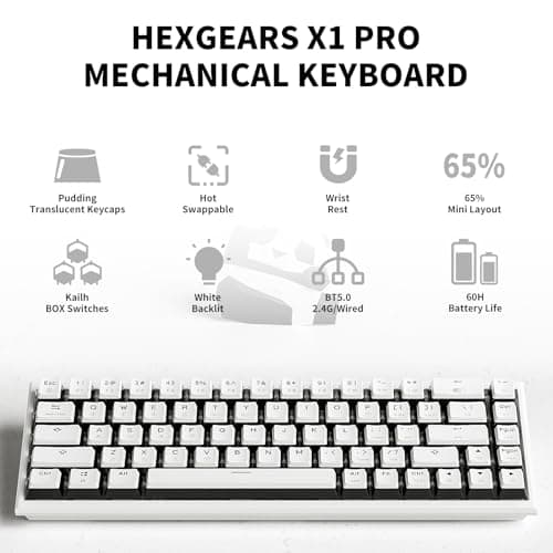 Hexgears X1 Pro Wireless Mechanica Keyboard, Tri-Mode Bluetooth/2.4G/USB-C, Hot-Swappable Clicky Switch Gaming Keyboard, Mini Compact White Backlit Keyboards with Wrist Rest - White - Thumbnail 2