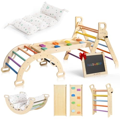 BlueWood Pikler Triangle Set with Cushion, 8-in-1 Foldable Wooden Toddler Climbing Toys Indoor Playground Jungle Gym Montessori Philosophy Climber for 2-6 Years Old, Baby, Kids (Rainbow) - Image 1