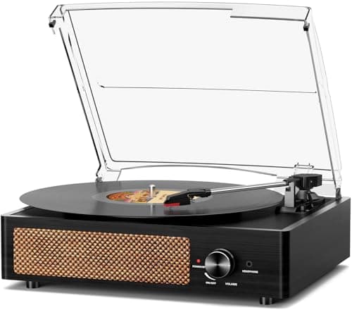 Record Player for Vinyl with 2 Build-in Speakers LP Vinyl Players Belt-Driven Vintage Turntables 3 Speed 3 Size, Wireless Bluetooth Playback, AUX-in, RCA Out, Headphone, Auto Stop Black Wood - Image 1