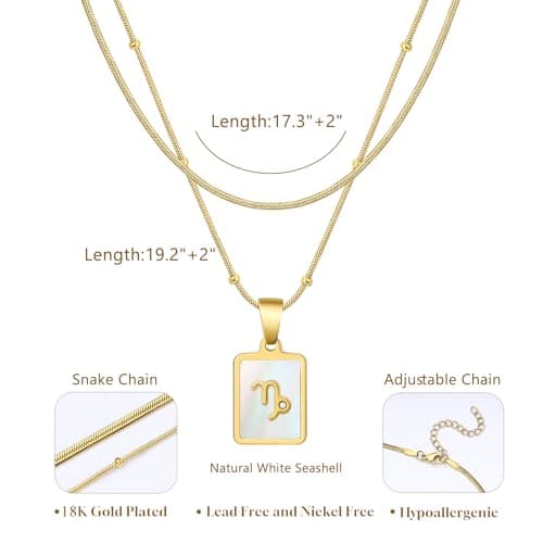 LETFLY Capricorn Zodiac Gold Necklace Stack for Women, 18K Gold Plated Square Shaped Pendant with Adjustable Layered Snake Chain for Women Jewelry Gifts - Thumbnail 4
