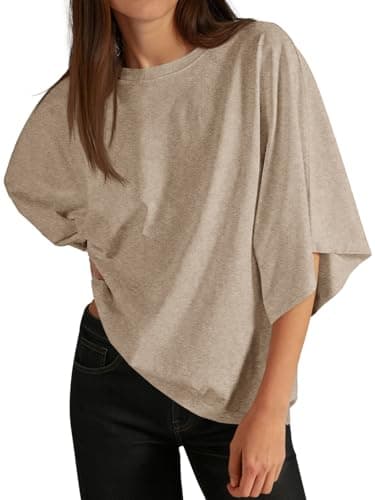 Cicy Bell Womens Oversized Half Sleeve T-Shirts Summer Casual Crew Neck Tshirt Loose Fit Side Slit Tee Tops Khaki - Image 1