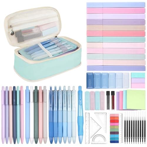 65Pcs Aesthetic School Supplies with Cute Pencil Case, 12 Pastel Highlighters, 10 Black Ink Gel Pens, Mechanical Pencils, Sticky Note Ruler Correction Tape for College Essentials Stationary Gift, Blue