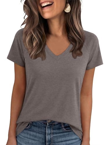 ANRABESS Womens Tops Short Sleeve V Neck Shirts Summer Basic Tee Trendy Cute Tshirts 2026 Spring Casual Outfits Gray Taupe X-Large
