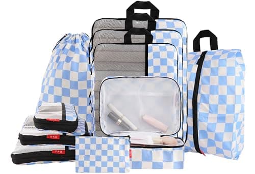 U+U 10 Set Compression Packing Cubes - Ultralight Travel Organizers with Laundry Bag and Cosmetic Bag, Space-Saving Suitcase Organizer for Travel, Business Trip and Family Vacation (Blue Checkered)