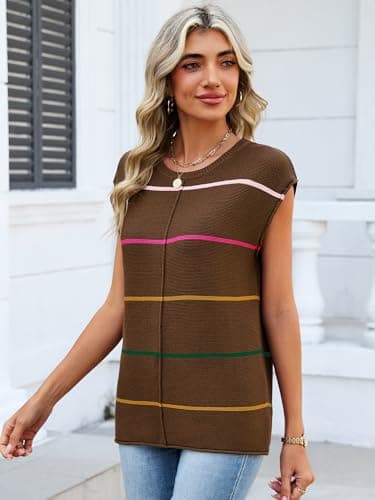 Bellcoco Womens Cap Sleeve Summer Tops Striped Sweater Vest Lightweight Casual Crewneck Loose Knit Pullover Tank Top Beach Vacation Outfits Coffee XL - Thumbnail 3