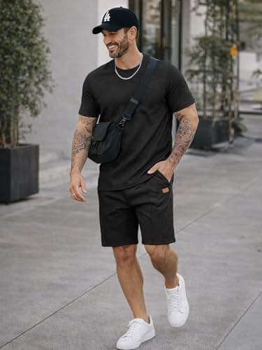 JMIERR Lounge Sets for Men Pajama 2 Piece Outfits Set Short Sleeve T Shirts and Shorts Matching Sleepwear Loungewear Cruise Set, XL, Black - Thumbnail 2