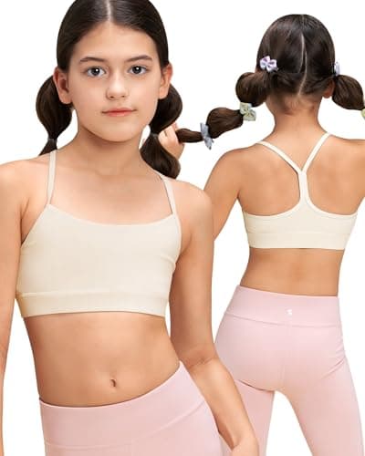 Stelle Girls Sports Bra Training Bra Spaghetti Strap Y Back Bra Yoga Crop Top for Teens Kids(Creme,S)
