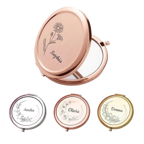 CHENGXINXINXI Mother's Day - Personalized Engraved Mini Pocket Makeup Mirror with Birth Flower and Name. It is an Ideal for Mothers, Sisters or Grandmothers. - Image 1