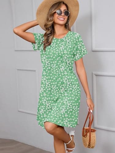 Heymoments Women's Short Sleeve Dress Floral Print Large Crewneck Casual Loose Flowy Below Knee Length Sundress Business A Line Shirt Teachers Summer Novelty Boho Dresses with Pockets - Thumbnail 4