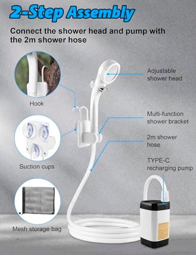 innhom Portable Camping Shower, 6000mAh Rechargeable Camp Shower Pump with LED Display, IPX7 Waterproof & 2 Spray Modes Electric Outdoor Shower for Hiking, Travel, Pet Bathing and Car Washing - Thumbnail 6