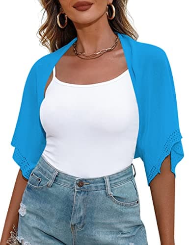 Totatuit Women Open Front Scoop Bolero Shrug Drop Shoulder Shrug Knit Bolero Sweater Blue - Image 1