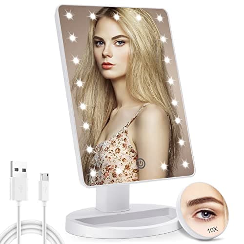COSMIRROR Lighted Makeup Vanity Mirror with 10X Magnifying Mirror, 21 LED Lighted Mirror with Touch Sensor Dimming, 180°Adjustable Rotation, Dual Power Supply, Portable Cosmetic Mirror (White) - Image 1