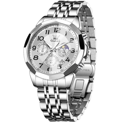 OLEVS Watch Men Silver Watch for Men Luxury Stainless Steel Big Face Dress Analog Quartz Simple Easy Read Mens Watches Moon Phase Chronograph Waterproof Luminous Men's Wrist Watches - Image 1