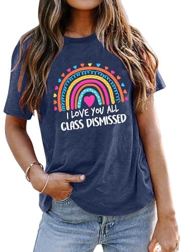Teacher Shirt for Women Last Day of School T-Shirt Teacher Life Graphic Tee Tops Teachers Gift T-Shirt Blouse Dark Blue - Image 1