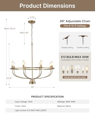 Yunnix 8 Light Champagne Bronze Chandelier for Dining Room, 30" Wagon Wheel Light Fixture, UL Listed Entire Fixture, Champagne Gold Modern Farmhouse Chandelier for Master Bedroom, Kitchen, Entryway - Thumbnail 5