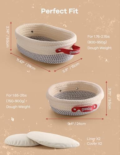 Ganiza Sourdough Starter Kit, Cotton Rope Sourdough Bread Baking Supplies, 9'' Round & 10'' Oval Banneton Basket with Liners & Covers, Sourdough Proofing Basket Kit Gifts for Bakers Women Wife Mom - Thumbnail 5