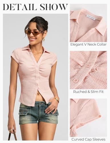 Women Textured Button Down Blouse, V-Neck Ruched Tops with Y2K Collar, Slim Fit Cap Sleeve Going Out Casual Shirt(Pink, XL) - Thumbnail 4