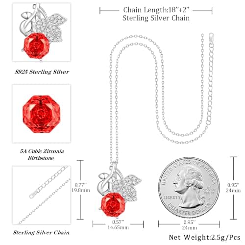 Aurora Tears Birthstone Rose Pendant Necklace - 925 Sterling Silver Rose Cut Cubic Zirconia January Garnet Flower Leaf Necklace Anniversary Birthday Jewelry Gift for Women Wife Mom Daughter DP0389J - Thumbnail 4