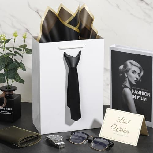 2 Pcs Fathers Day Gift Bags, white Gift Bags with Handles and Pre-Tied Blue Tie, 2 tissue paper and 2Greeting Cards,Fathers Day Gift Bag, birthday gift bags for men boy, Teacher Appreciation gift bags,Graduation Party Wedding gift bags (Small white/black) - Thumbnail 4
