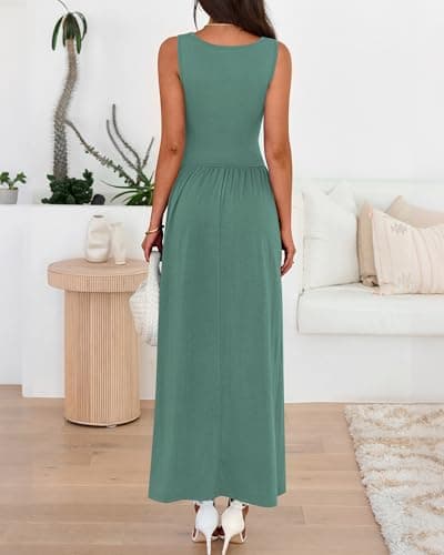 BTFBM Summer Maxi Dresses for Women 2026 Spring Sleeveless Casual Ruched High Waisted Long Sundress Flowy Beach Dress(Sage Green, Small) - Thumbnail 3