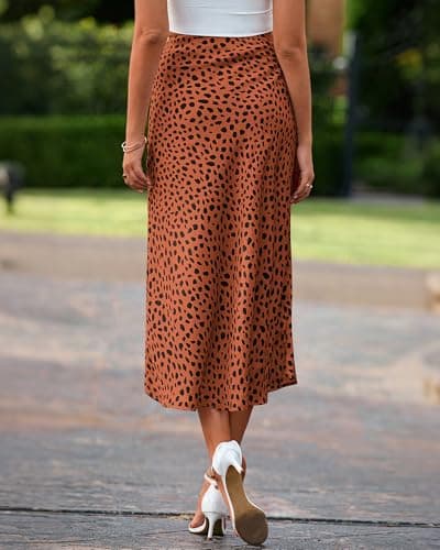 BTFBM Satin Skirts for Women Trendy Spring Summer 2026 High Waisted Leopard Print Cocktail Wedding Long Silk Midi Skirt(Dot Brick Red Black, Medium) - Thumbnail 3