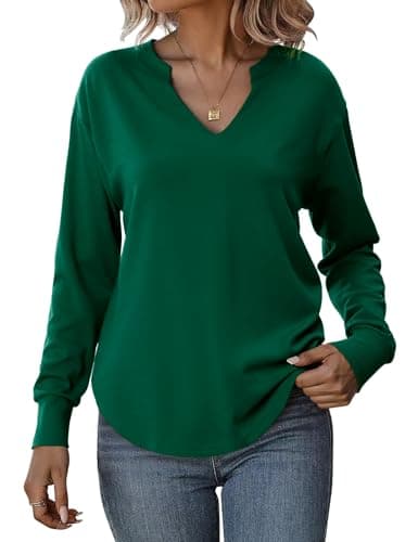 Totatuit Sweatshirts for Women V Neck Long Sleeve Shirts Loose Lightweight Curved Hem Casual Pullover Tops 2025 Fall Forest green Medium - Image 1