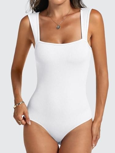 ANRABESS Bodysuits for Women Summer Ribbed Knit Sleeveless Square Neck Tank Tops Slim Fitted Going Out Vacation Outfits White Large - Thumbnail 2