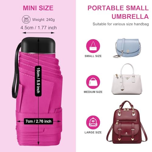 LEAGERA EAGERA Compact Travel Umbrella with Case - Mini Umbrella for Purse, Small Lightweight &Tiny Design Perfect for Parasol Outdoor Sun&Rain Umbrellas, Rose Red - Thumbnail 5