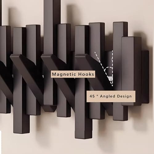 Key Holder Wall Mount, Splicable Wooden Piano Coat Rack Wall Mount, Modern Wall Art Flip Down Magnetic Hooks Wall Hook Hat Hanger for Entryway Key Holder Bedroom Kitchen (Black, 6 Hooks) - Thumbnail 3
