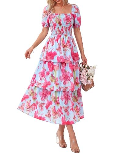 BTFBM Womens Square Neck Smocked Dress Summer Puff Short Sleeve Floral Casual Ruffle Tiered Maxi Wedding Guest Dresses(Floral Light Blue Pink, XX-Large) - Image 1