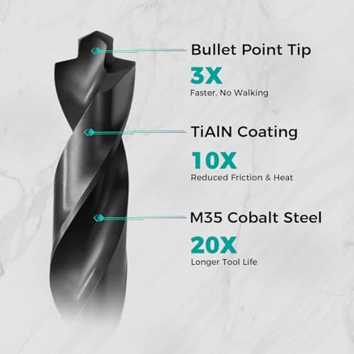 OSTTE 14 Pcs Cobalt Drill Bit Set (Pro), M35 Cobalt Drill Bit with Bullet Point Tip, Titanium Aluminum Nitride Coated (TiAlN), 3-Flats Shank, for Hardened Metal, Stainless Steel, Plastic, 1/16" - 1/2" - Thumbnail 4