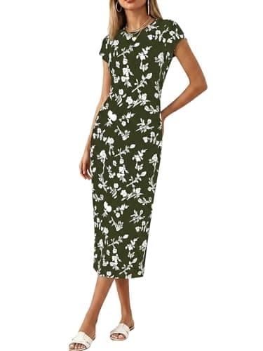 Wenrine Womens Summer Casual Midi Dress Floral Short Sleeve Crew Neck Long T Shirt Dresses Beach Vacation Outfit - Image 1