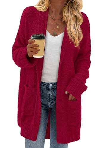 KIRUNDO Cardigan Sweaters for Women 2026 Fall Chunky Fuzzy Knit Open Front Loose Long Sleeve Sweater Coats Winter Clothing(Burgundy, Small) - Image 1