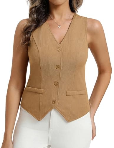 Belle Poque Womens Vest Top Trendy Knitted Waistcoat Sleeveless Button Down Tops Suit Vest Tops (Khaki,L) - Image 1