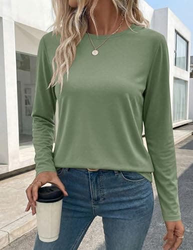 LaGracia Womens Long Sleeve Shirts Cotton Crewneck Long Sleeve T-Shirts Tops Basic Lightweight Soft Tee Shirts Spring Fall Outfits 2026 Bean Green XL - Thumbnail 4