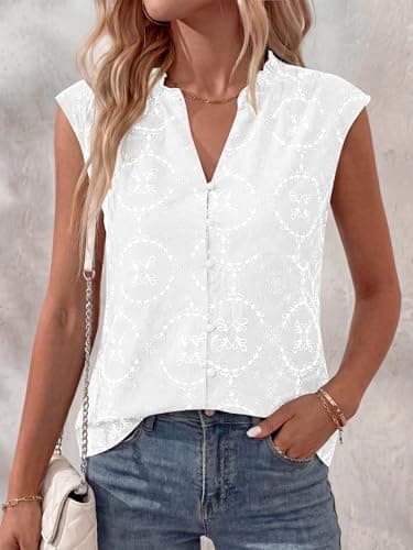 BTFBM Boho Tops for Women Summer Outfits Eyelet Embroidered Sleeveless Button Down Shirts Beach Vacation Clothes 2026(White, X-Large) - Thumbnail 2