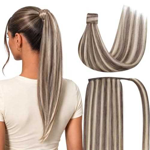 Ve Sunny Hair Ponytail Extension Real Human Hair Straight Light Brown Highlights Platinum Blonde 18 Inch Travel - Image 1